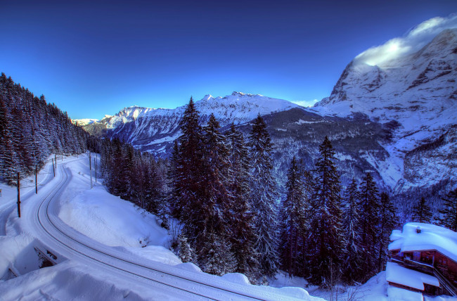 Обои картинки фото природа, зима, ели, деревья, швейцария, железная, дорога, снег, альпы, домик, горы