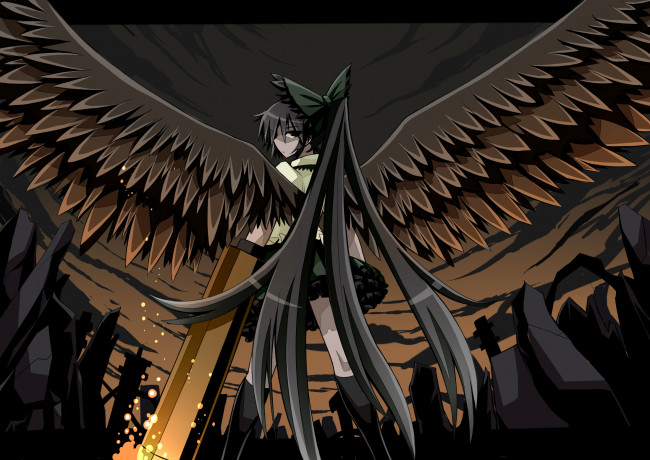 Обои картинки фото аниме, touhou, девушка, крылья, волосы, небо, камни