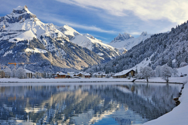 Обои картинки фото engelberg, switzerland, города, пейзажи, энгельберг, водоём, зима, горы, швейцария