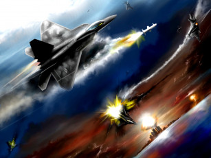 обоя воздушная битва, авиация, 3д, рисованые, v-graphic, битва, китай, сша, самолеты, f-22, j-20