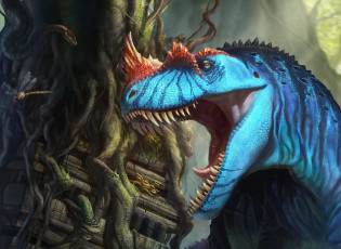 Картинка динозавр фэнтези существа джунгли стрекоза змея