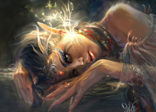 Картинка фэнтези эльфы эльфийка лежит девушка тату руки когти