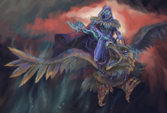 Картинка фэнтези маги +волшебники рисованная полёт клюв птица девушка
