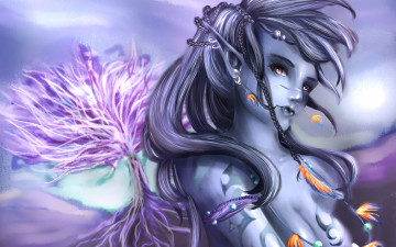 Картинка фэнтези эльфы эльфийка фиолетовая серьги девушка