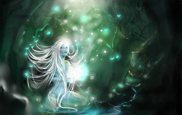 Картинка фэнтези эльфы эльфийка девушка сидит бабочки пузырьки