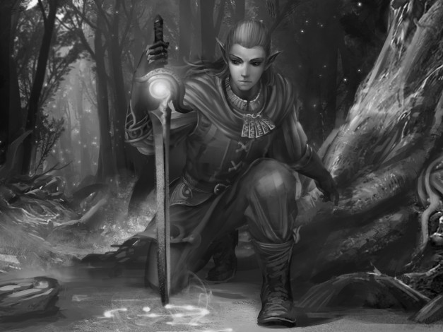 Обои картинки фото фэнтези, эльфы, эльф, воин, парень, чёрно-белая, меч, лес