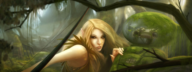 Обои картинки фото фэнтези, эльфы, девушка, воин, лук, оружие, зелень, блондинка