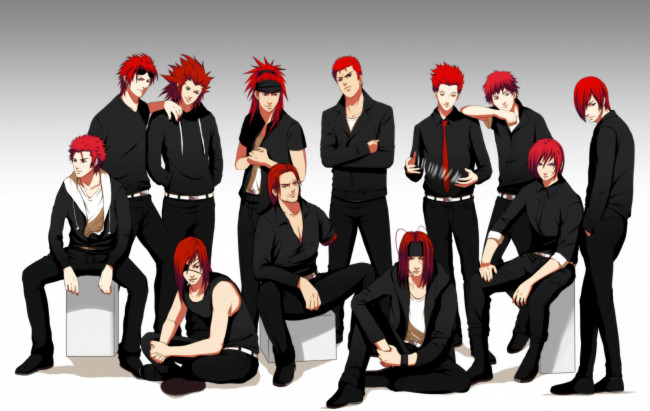 Обои картинки фото аниме, *unknown , другое, чёрные, кастюмы, красные, волосы, парни, разное