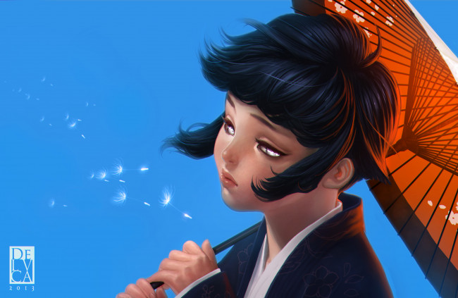 Обои картинки фото аниме, naruto, девочка, хината, зонтик, синива, небо