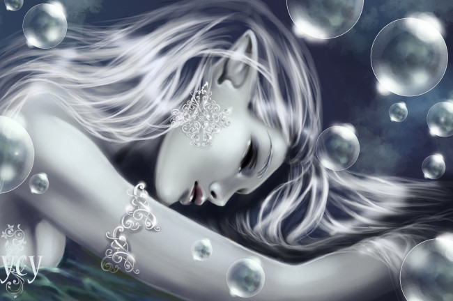 Обои картинки фото фэнтези, эльфы, эльфийка, спит, пузырьки, украшения