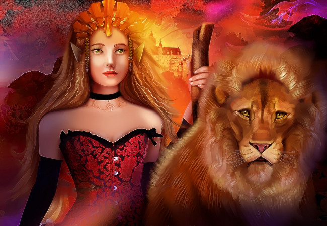 Обои картинки фото фэнтези, красавицы и чудовища, девушка, лев