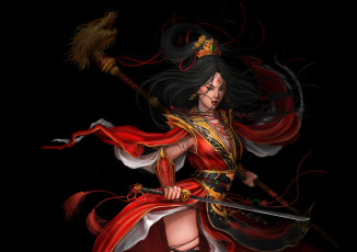 Картинка фэнтези девушки девушка арт поза оружие взгляд самурай фантастика черный фон