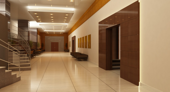 Обои картинки фото 3д графика, реализм , realism, лестница, двери, коридор