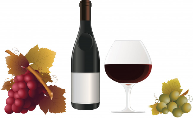 Обои картинки фото векторная графика, еда, вино, бутылка, лоза, виноград, листья, бокал