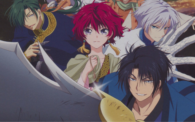 Обои картинки фото аниме, akatsuki no yona, shin-ah, hak, yona, akatsuki, no, mizuho, kusanagi, art, рассвет, йоны, взгляд, улыбка, друзья