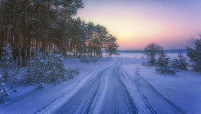 Обои картинки фото природа, дороги, снег, лес, дорога