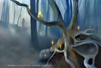 Картинка календари фэнтези силуэт свеча человек деревья 2020 calendar ночь лес