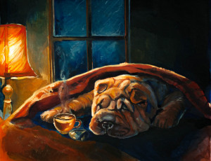 Картинка рисованное животные +собаки собака плед чашка торшер окно