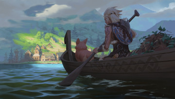 Картинка фэнтези девушки девушка лодка собака поселение