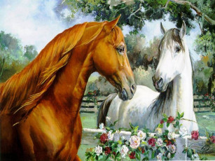 обоя рисованные, животные, лошади