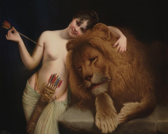 Обои картинки фото the, goddess, diana, with, lion, рисованные, angelo, graf, von, courten, лев, девушка, стрела, колчан