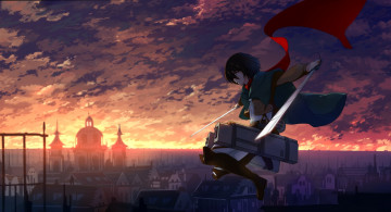 Картинка аниме shingeki+no+kyojin полет клинки закат город злость mikasa ackerman девушка