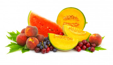 Картинка еда фрукты +ягоды белый фон дыня черника персики вишня ягоды арбуз