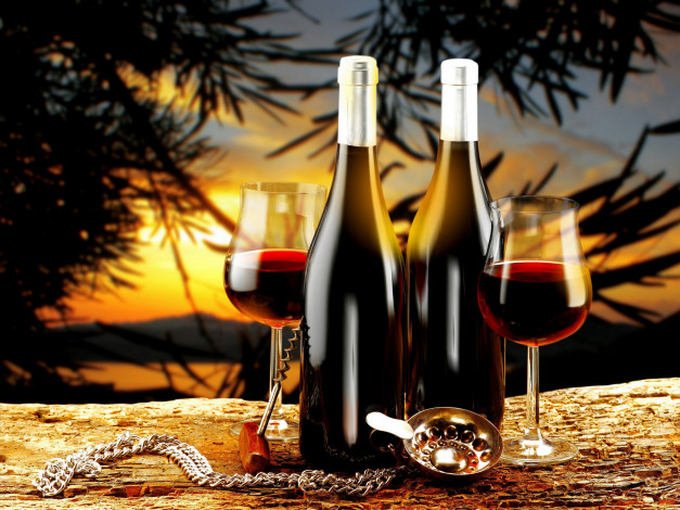 Обои картинки фото еда, напитки,  вино, фон, бутылки, два, бокала, вино