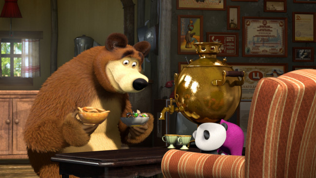 Обои картинки фото мультфильмы, маша и медведь, маша, угощение, мишка, мультик, медведь