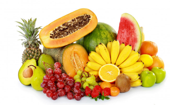 Обои картинки фото еда, фрукты,  ягоды, виноград, дыня, белый, фон, арбуз, клубника, банан