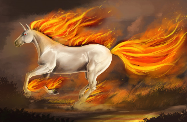 Обои картинки фото фэнтези, единороги, арт, огненная, фантастика, лошадь, единорог, копыта