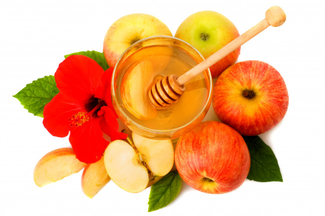 Обои картинки фото еда, мёд,  варенье,  повидло,  джем, белый, фон, яблоки, дольки, яблок, баночка, мед, цветок