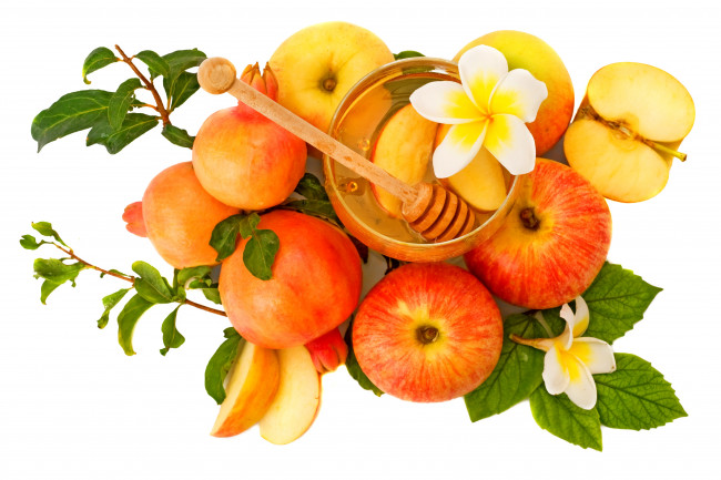 Обои картинки фото еда, мёд,  варенье,  повидло,  джем, белый, фон, яблоки, дольки, яблок, баночка, мед, цветок