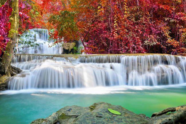 Обои картинки фото природа, водопады, желтые, деревья, осень, водопад