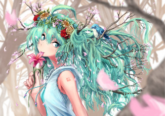 Картинка аниме vocaloid hatsune miku птица волосы ветки jino454649boy арт девушка цветы