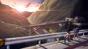 Картинка аниме город +улицы +здания закат велосипед девушка поезд мост dreadtie