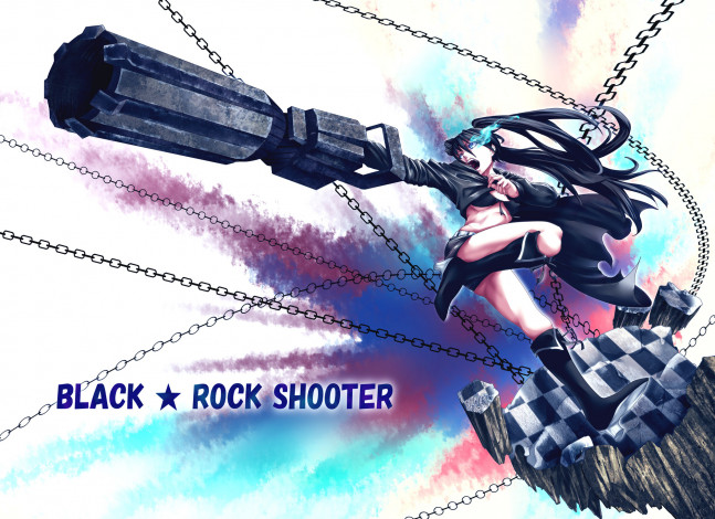 Обои картинки фото аниме, black rock shooter, munakata, kuroi, mato, black, rock, shooter, девушка, оружие, цепи, арт