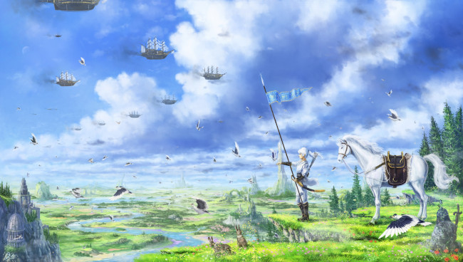 Обои картинки фото аниме, оружие,  техника,  технологии, птицы, летающие, корабли, небо, пейзаж, арт, makkou4, девушка, лошадь, зайцы