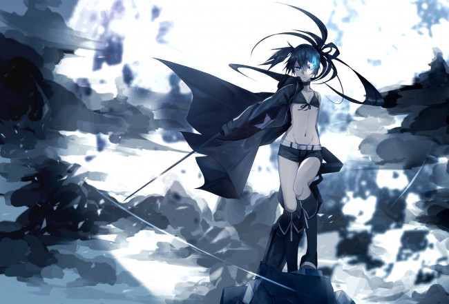 Обои картинки фото аниме, black rock shooter, black, rock, shooter, оружие, takka, девушка, kuroi, mato