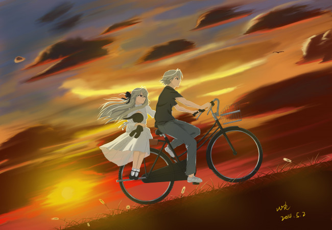 Обои картинки фото аниме, yosuga no sora, kasugano, haruka, sora, yosuga, no, связанные, небом, sombernight, арт, велосипед, закат, парень, девушка, облака, небо