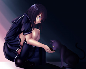 Картинка аниме животные +существа кот взгляд девушка фон