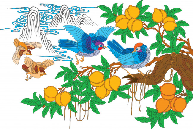 Обои картинки фото векторная графика, птицы , птицы, плоды, ветка