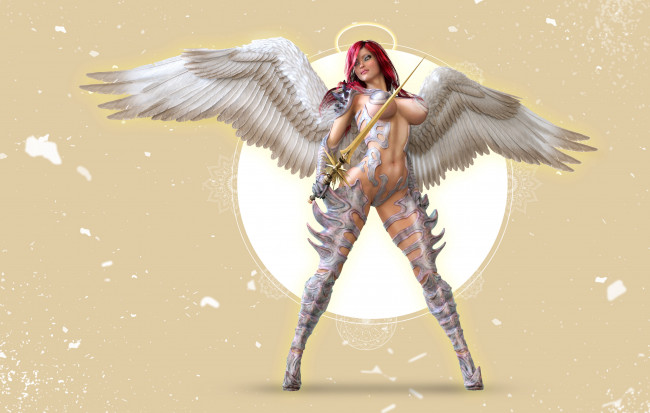 Обои картинки фото 3д графика, ангел , angel, фон, девушка, меч, крылья, униформа