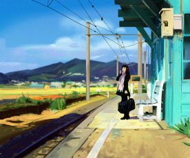 Картинка аниме город +улицы +интерьер +здания девушка сумка станция рельсы