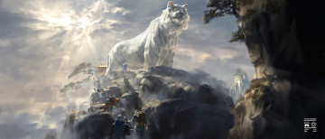 Картинка фэнтези существа тигр белый свет скала люди