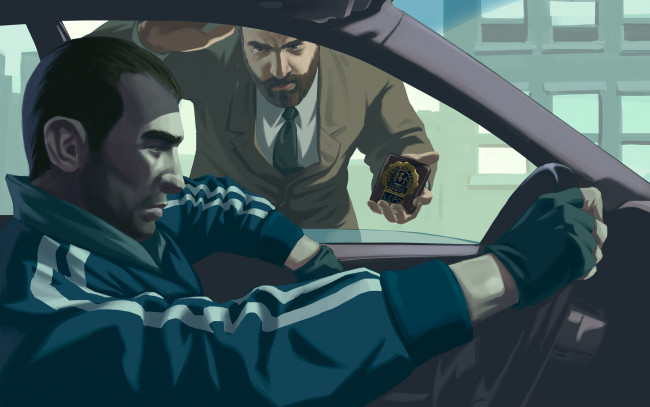 Обои картинки фото видео игры, grand theft auto iv, водитель, машина, полицейский