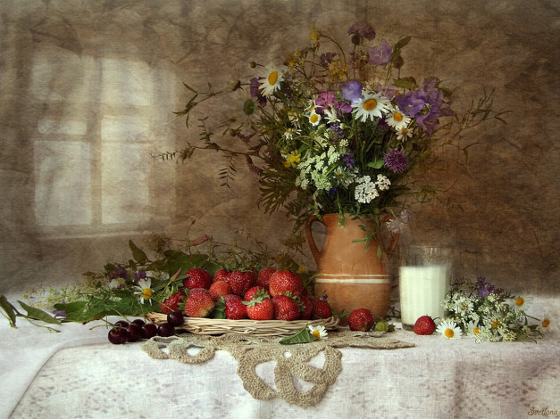 Обои картинки фото еда, натюрморт, полевые, цветы, молоко, стакан