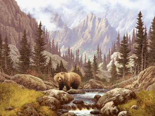 обоя рисованные, животные, медведи, ручей, горы, лес