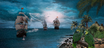 Картинка фэнтези пейзажи море побережье корабли дождь