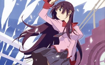 обоя аниме, bakemonogatari, senjougahara hitagi, девушка, форма, небо, облака, лестница